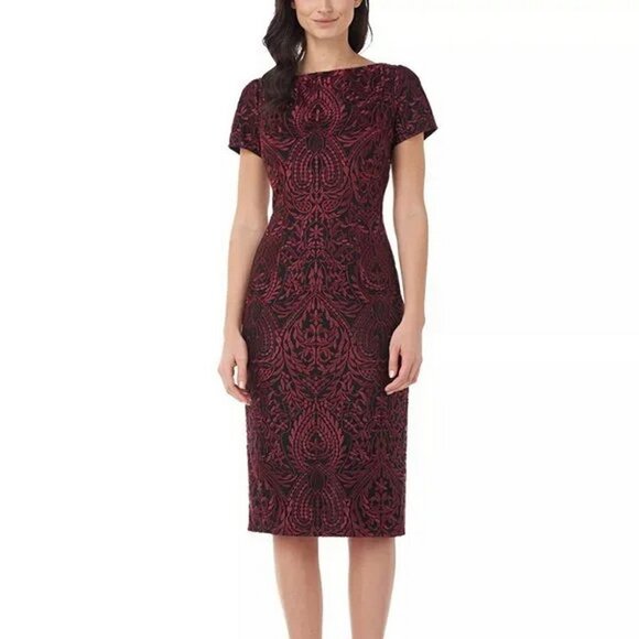 JS Collections Garnet Red And Black Floral Embroidered Cocktail Dress - Picture 1 of 2